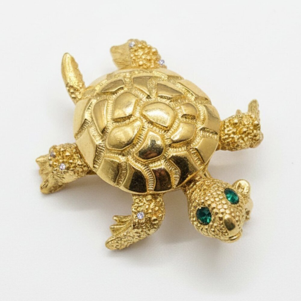 Monet Gold Turtle Brooch with Green Gem Eyes